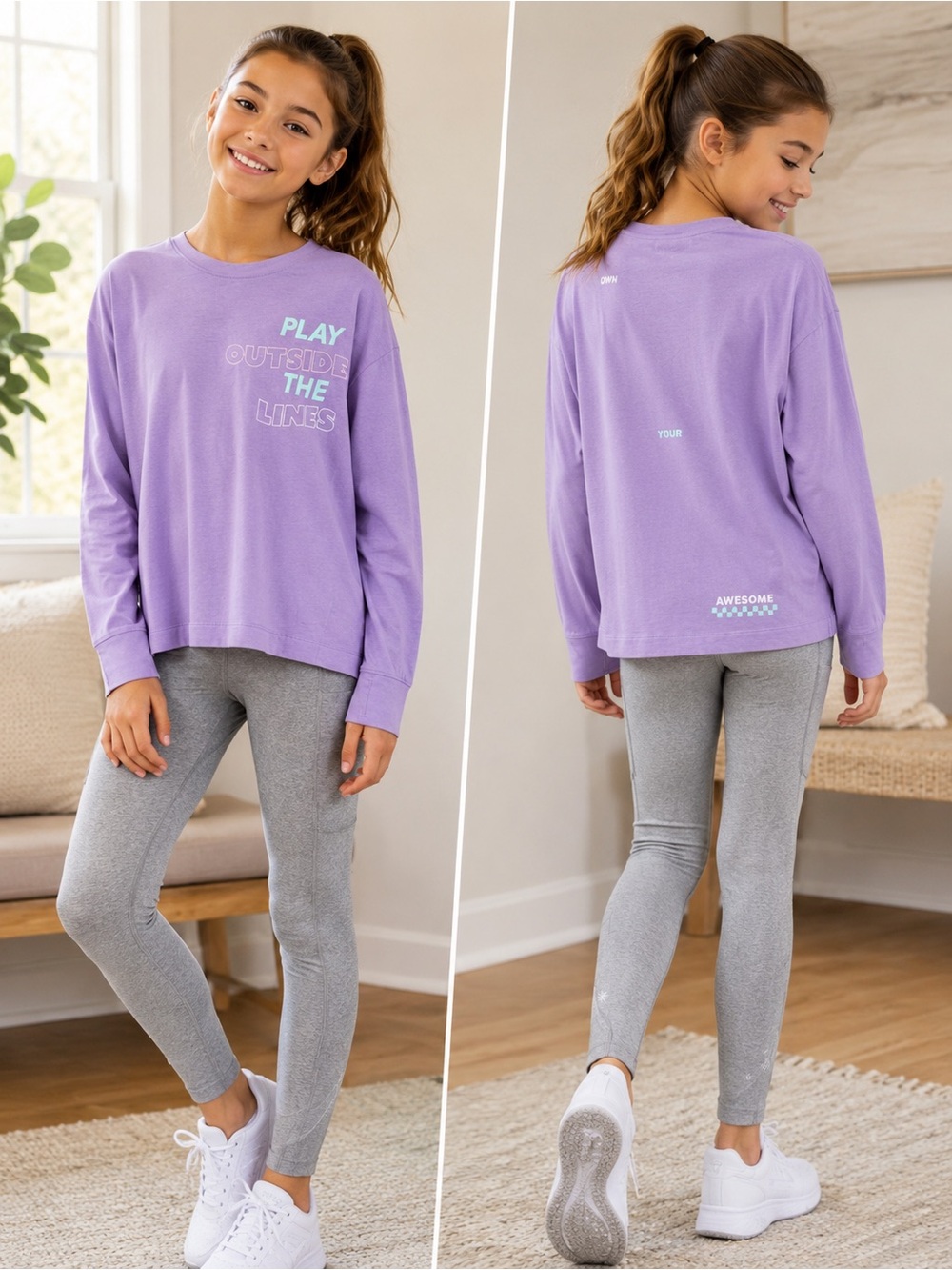 Athleta Girl Purple Graphic Top & Gray Leggings Set Size 12